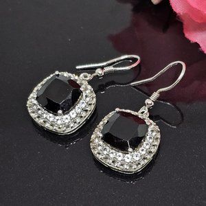 SG 925 Sterling Silver - Black Agate White Topaz Square Drop Dangle Earrings